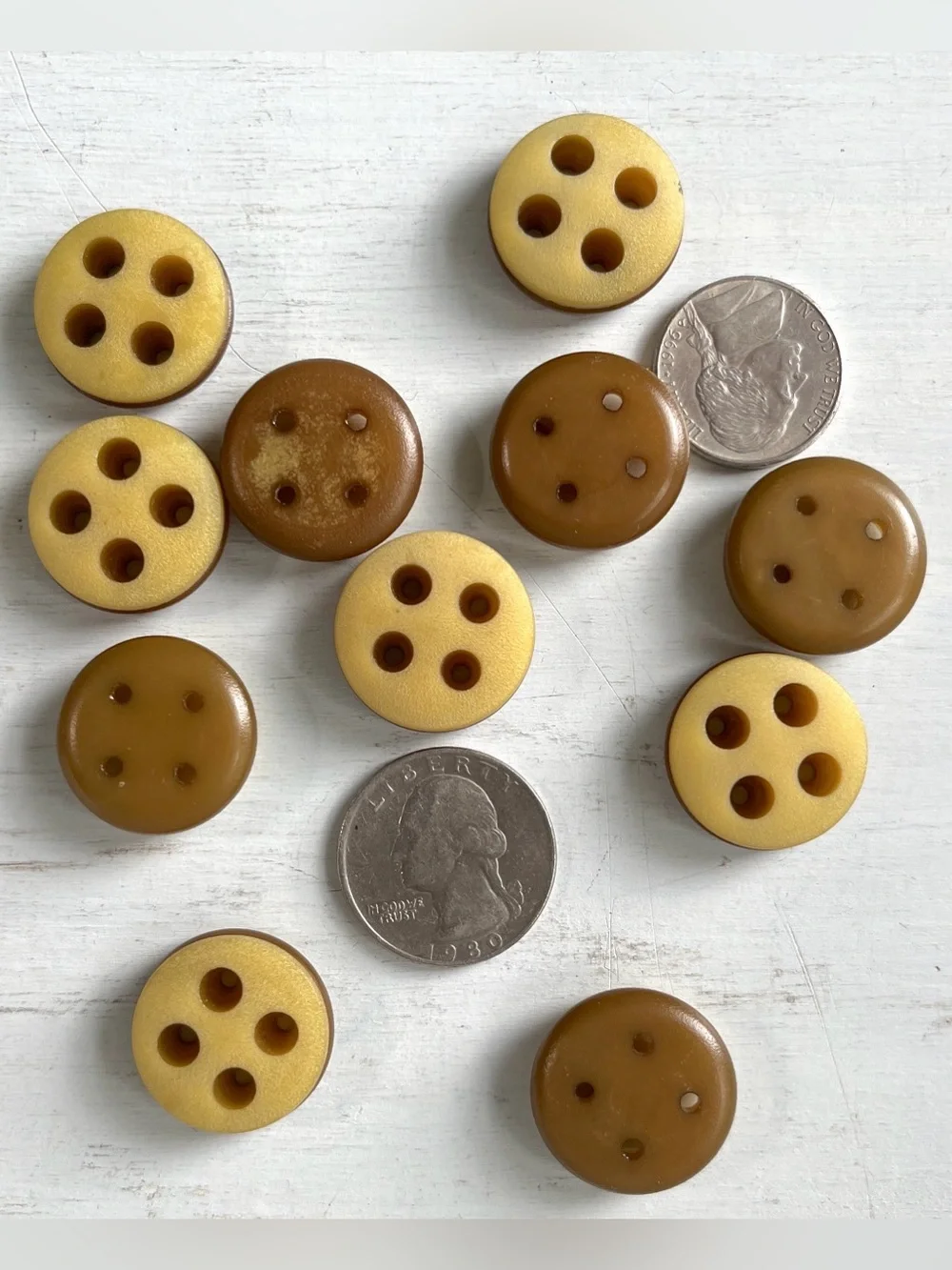 11 Unusual Vintage Round Plastic 4 hole Buttons w Groove Offbeat Yellow Ochre